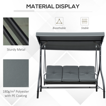 Dark grey Outsunny 3-seater canopy swing chair with porch hammock bed and rocking bench design on a porch.