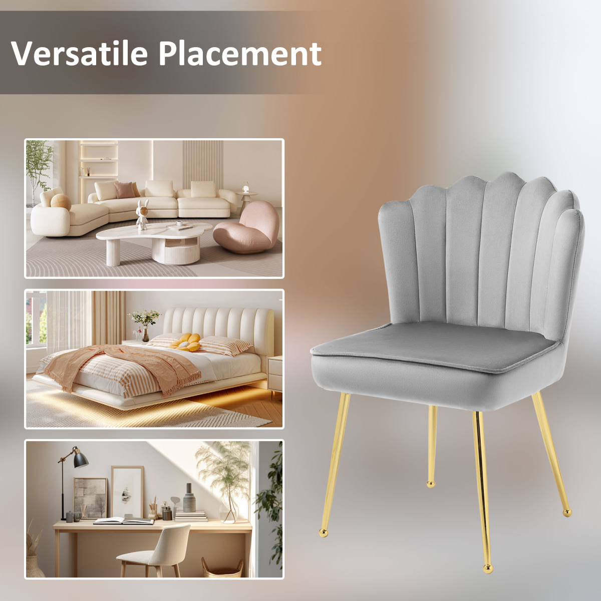 Velvet-Feel Shell Luxe Accent Chair Home Bedroom Lounge Metal Legs Grey