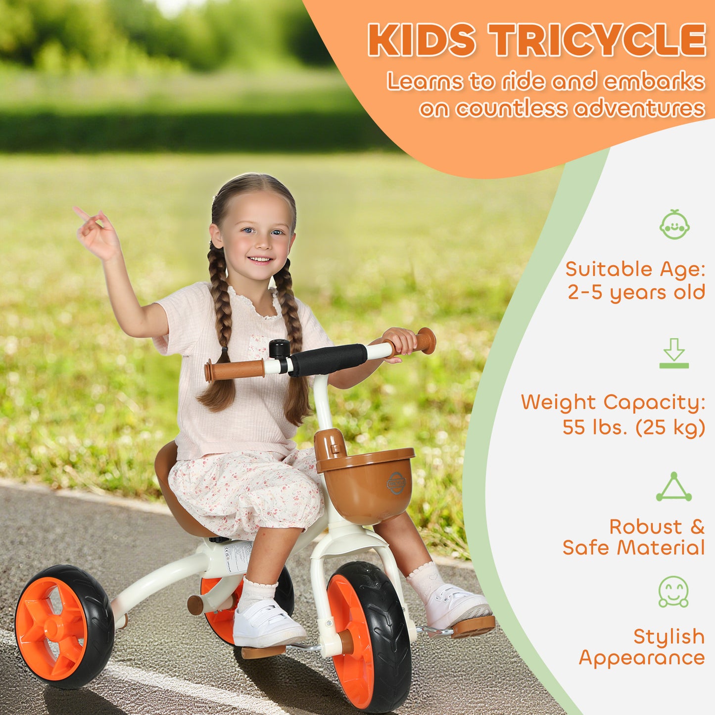 Orange HOMCOM kids trike with front basket, EVA wheels, suitable for ages 2-5, designed for indoor and outdoor use for boys and girls.