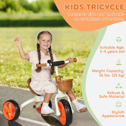 Orange HOMCOM kids trike with front basket, EVA wheels, suitable for ages 2-5, designed for indoor and outdoor use for boys and girls.