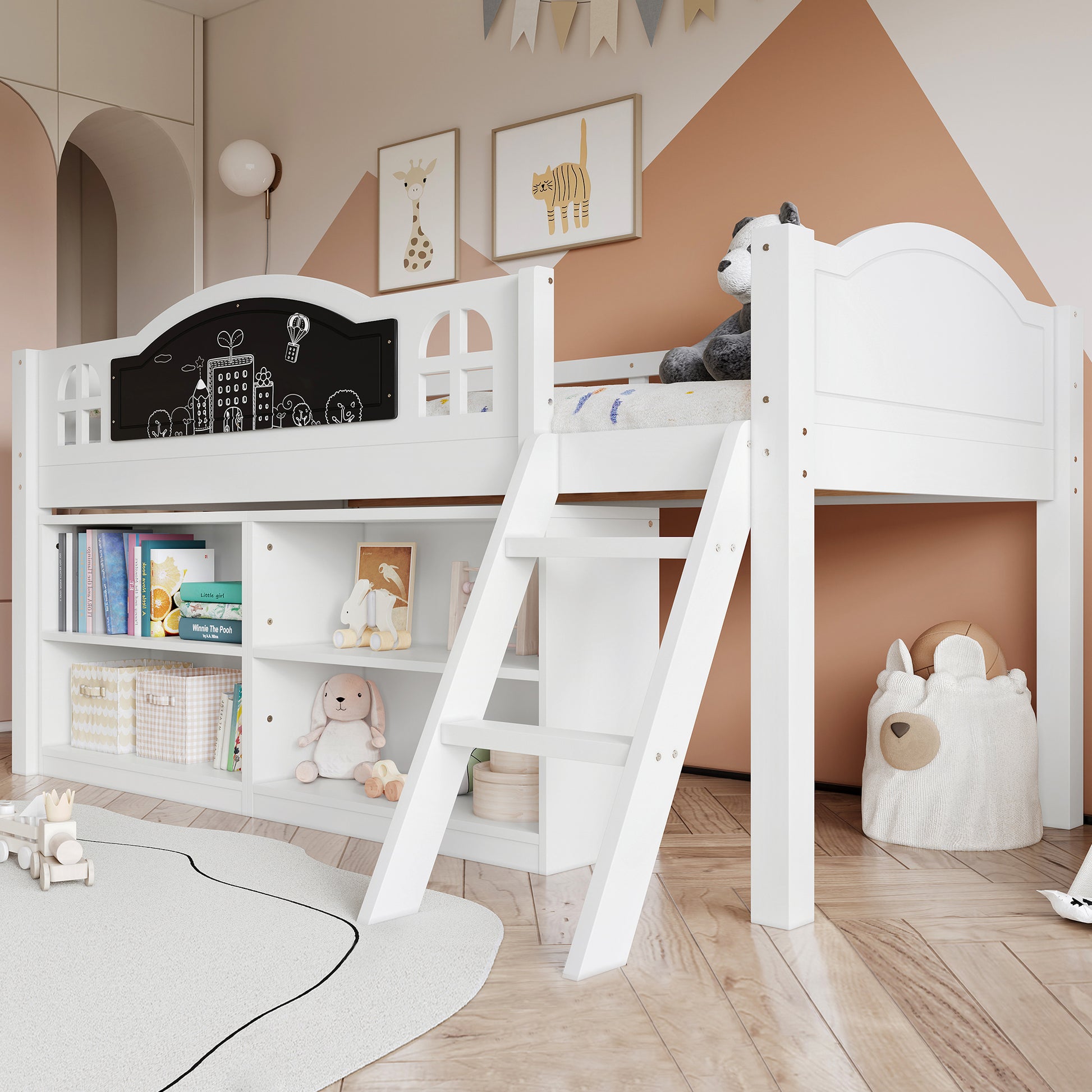 White wooden storage bed with blackboard, staircase, and cabinets, 3ft single size, made of pine-MDF-plywood by HOMCOM.