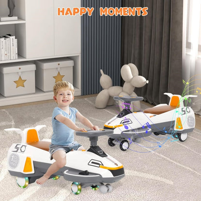 HOMCOM electric ride-on wiggle car for kids with 360 steering, lights, music, and 2-in-1 swing twist design for toddlers.