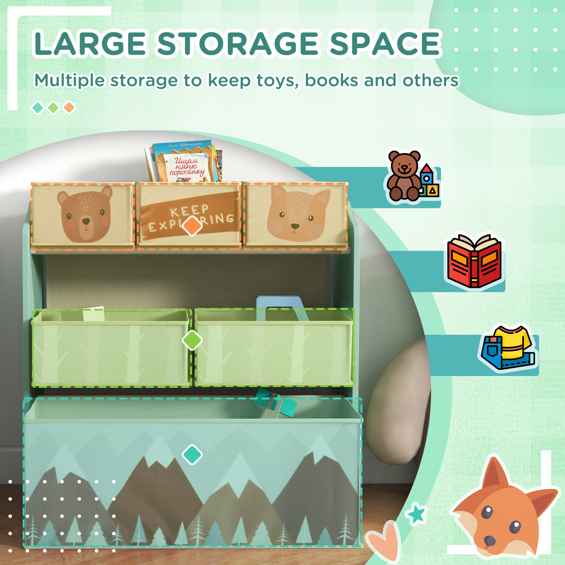 HOMCOM ZONEKIZ kids storage unit with six fabric bins in green, ideal for bedrooms, playrooms, and nurseries.