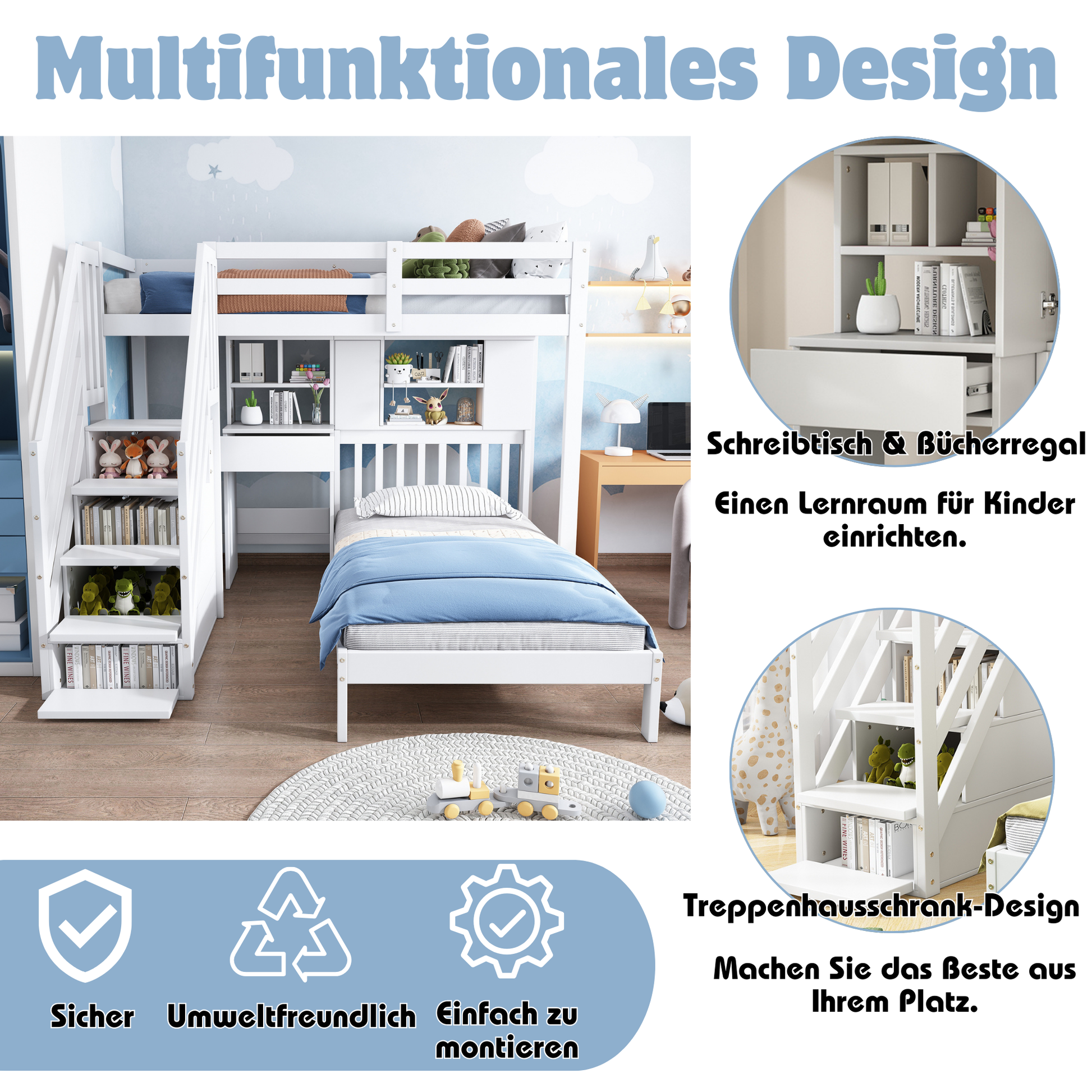 HOMCOM Wood House Bunk Bed in white with desk, shelves, storage, slatted frame, and double sleeping space for children.