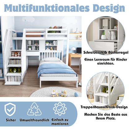 HOMCOM Wood House Bunk Bed in white with desk, shelves, storage, slatted frame, and double sleeping space for children.