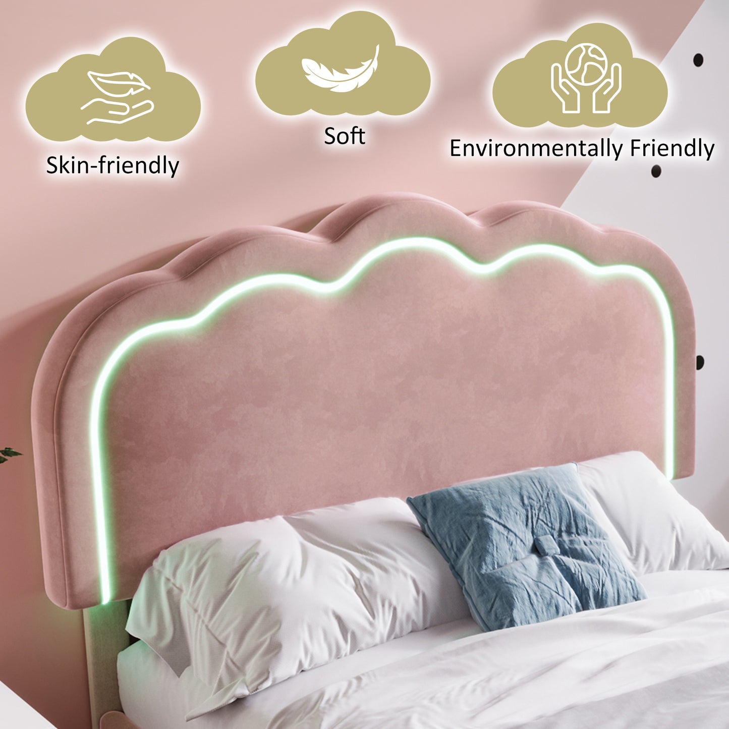 HOMCOM pink velvet upholstered single bed with LED, wooden slats, adjustable headboard, ideal for bedroom or guest room.