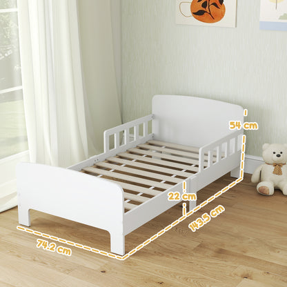 White toddler bed frame with safety side rails, suitable for kids aged 3-8, from HOMCOM, featuring a sturdy wooden design.