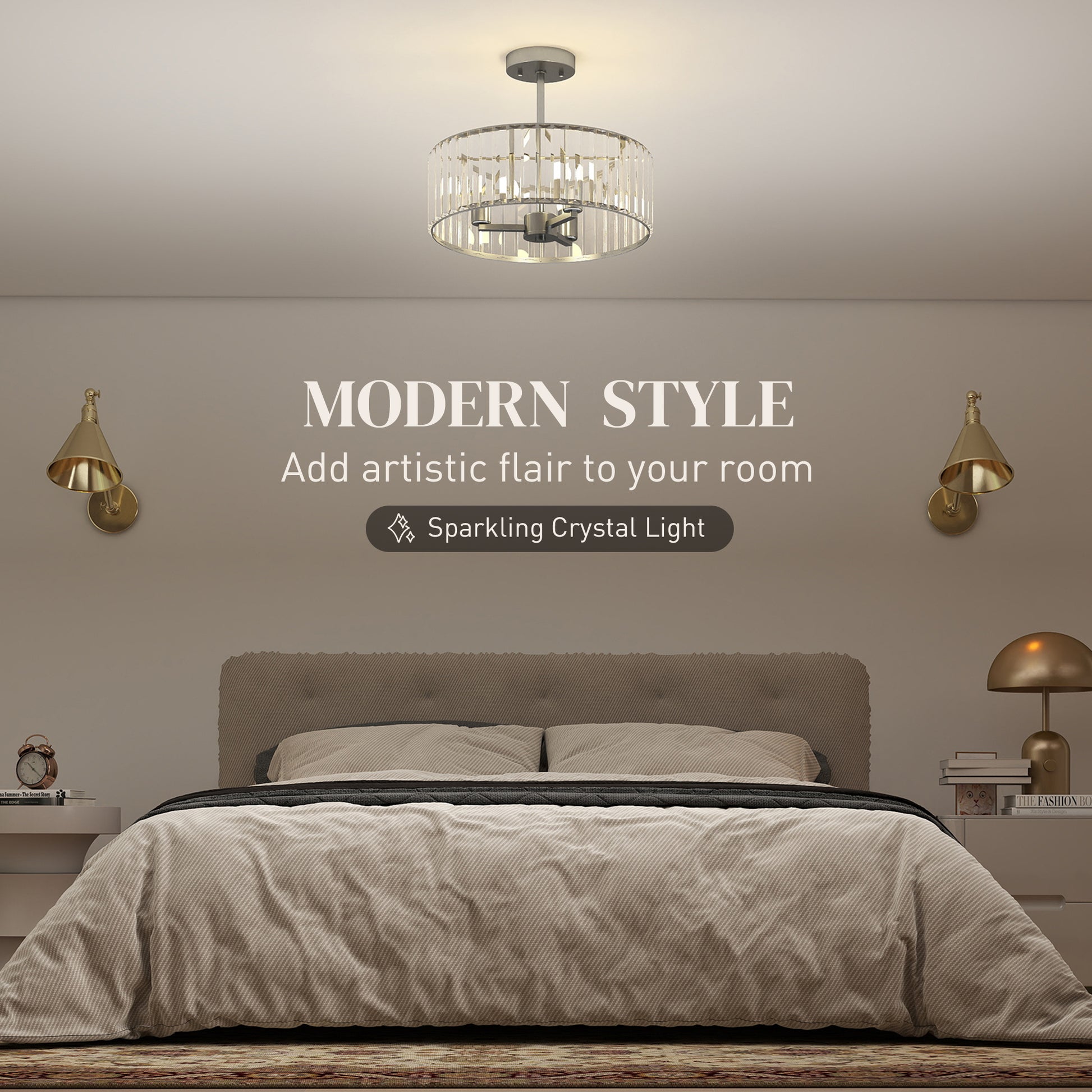 Modern crystal ceiling light fixture by HOMCOM with semi-flush mount, three E14 bulb sockets, silver tone for living or dining rooms.