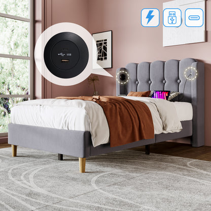 Grey linen upholstered single bed frame with wooden slats, USB and Type-C charging ports, ideal for bedroom or guest room.