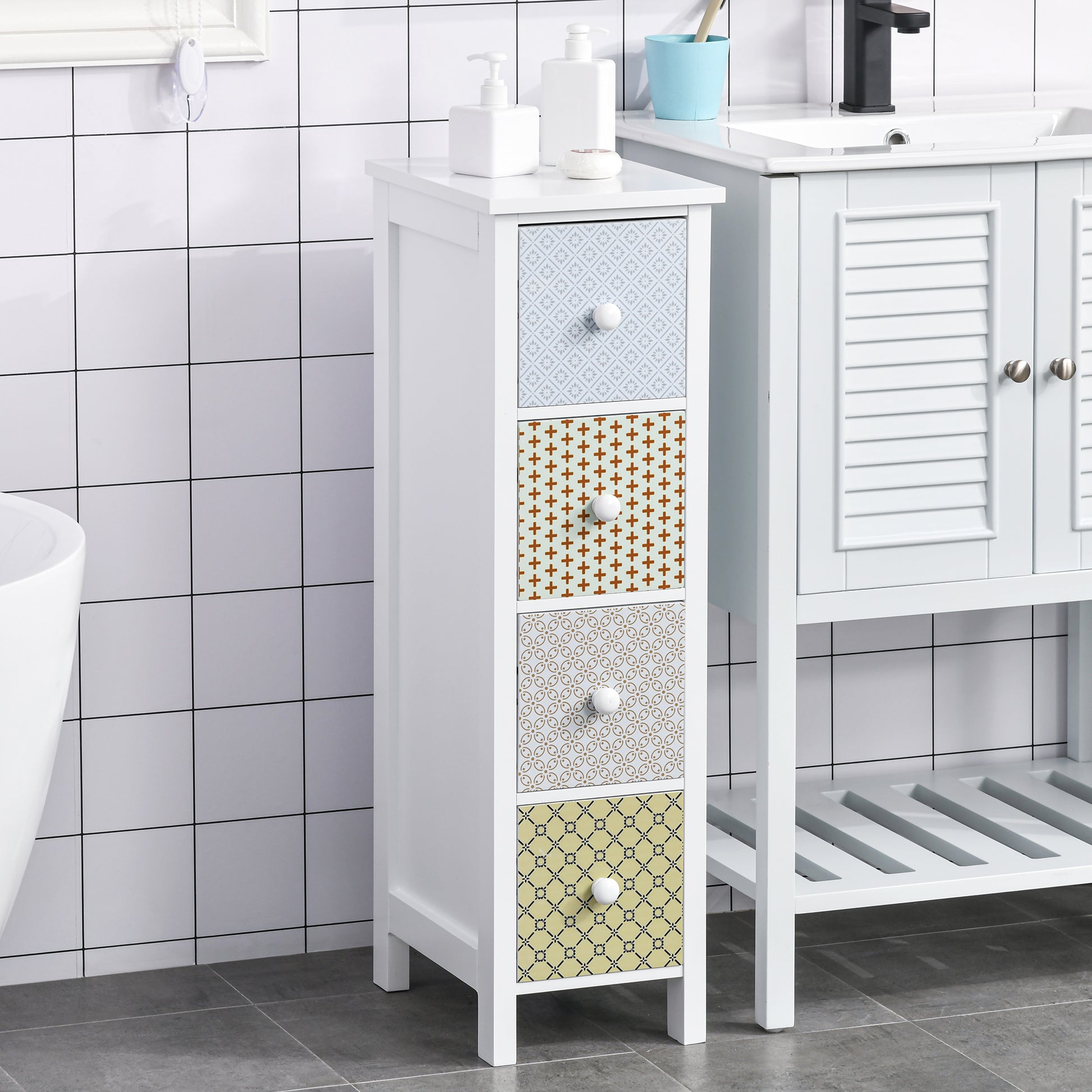 HOMCOM 4-drawer bathroom storage chest with spacious drawers for bedroom organization, made of durable wood and sleek design.