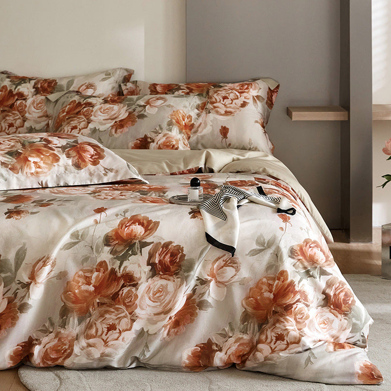 HOMCOM Flower Tencel digital printed four-piece bedding set with floral design on soft fabric for bedroom decor.