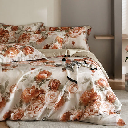 HOMCOM Flower Tencel digital printed four-piece bedding set with floral design on soft fabric for bedroom decor.