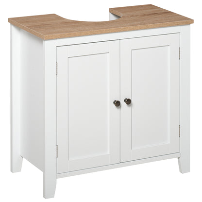 White HOMCOM Kleankin under sink cabinet with two doors, adjustable shelf, freestanding bathroom cupboard under sink.