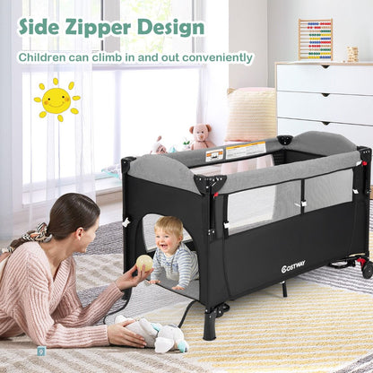 Livoshop 5-in-1 baby bassinet bedside sleeper with diaper changer and hanging toys, showing the cozy sleeping area and accessories.