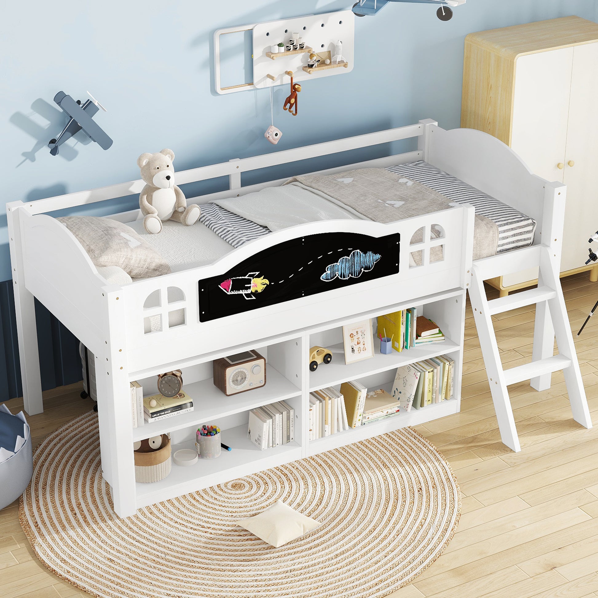 White wooden storage bed with blackboard, twin size 90x190cm, includes staircase and storage cabinets, made of pine-MDF-Plywood by HOMCOM.