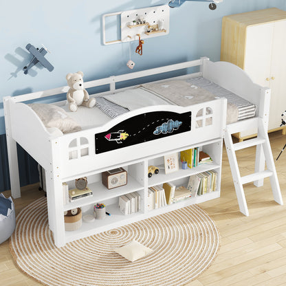 White wooden storage bed with blackboard, twin size 90x190cm, includes staircase and storage cabinets, made of pine-MDF-Plywood by HOMCOM.