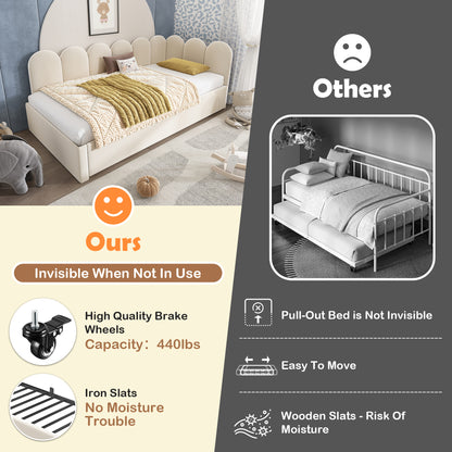 Beige upholstered HOMCOM single sofa bed with pull-out bed, velvet fabric, slatted frame, suitable for adults and children.