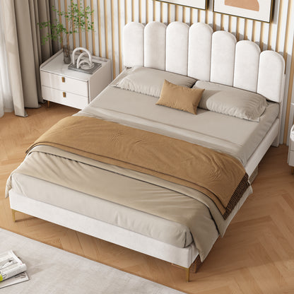 HOMCOM beige 4ft6 double velvet upholstered bed frame with scalloped channel tufted headboard, gold metal feet, and under-bed storage