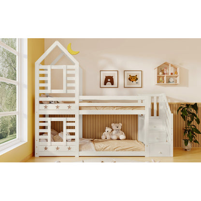 Bunk Bed with Storage for Kids – Cabin-Style Single Bed with Window, Solid Pine Wood, 3FT White