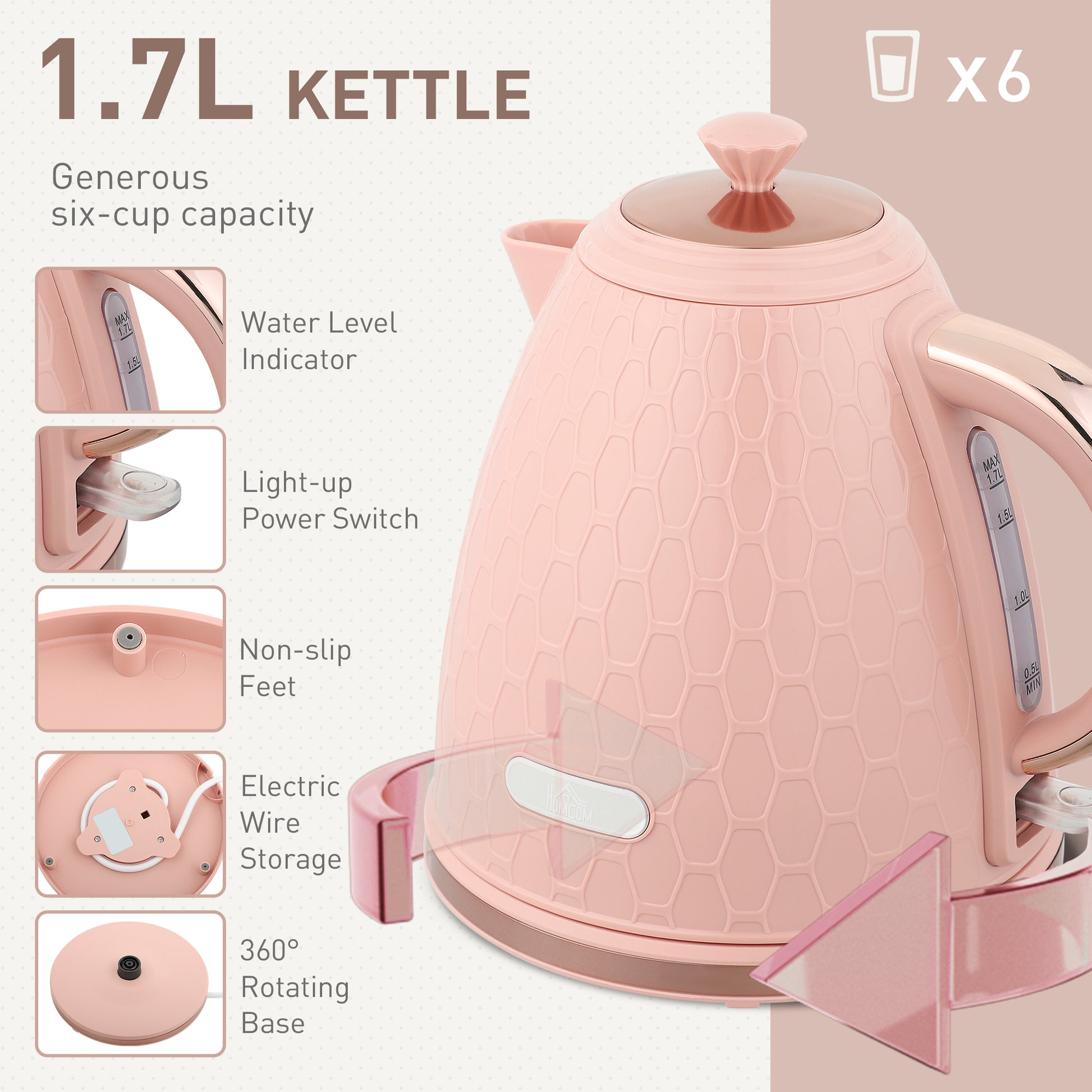 HOMCOM light pink kettle and 4-slice toaster set, 1.7L capacity, 3000W fast boil jug, with 7 browning levels for toast.