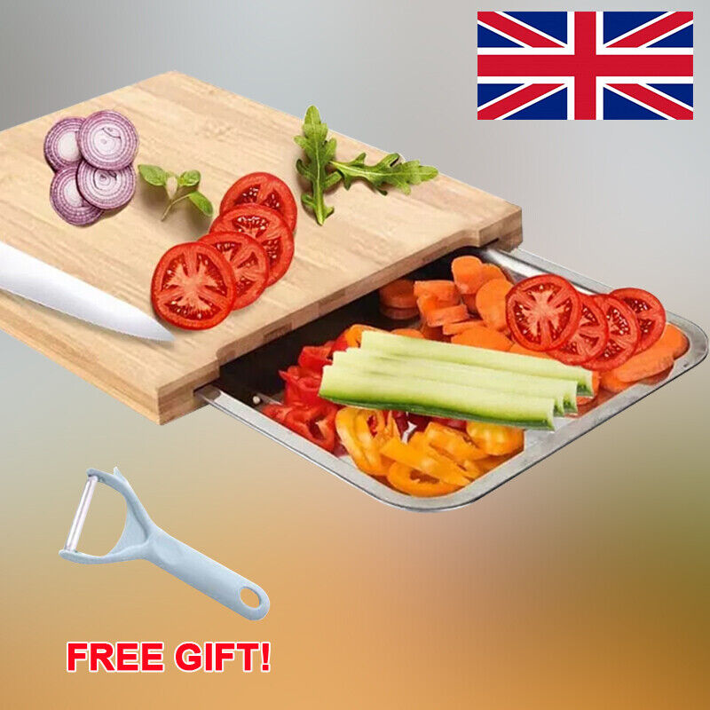 Bamboo Wooden Chopping Board Cutting Slicing  Sliding Stainless Steel Tray