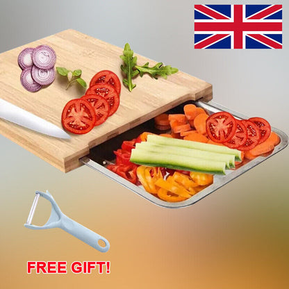 Bamboo Wooden Chopping Board Cutting Slicing  Sliding Stainless Steel Tray