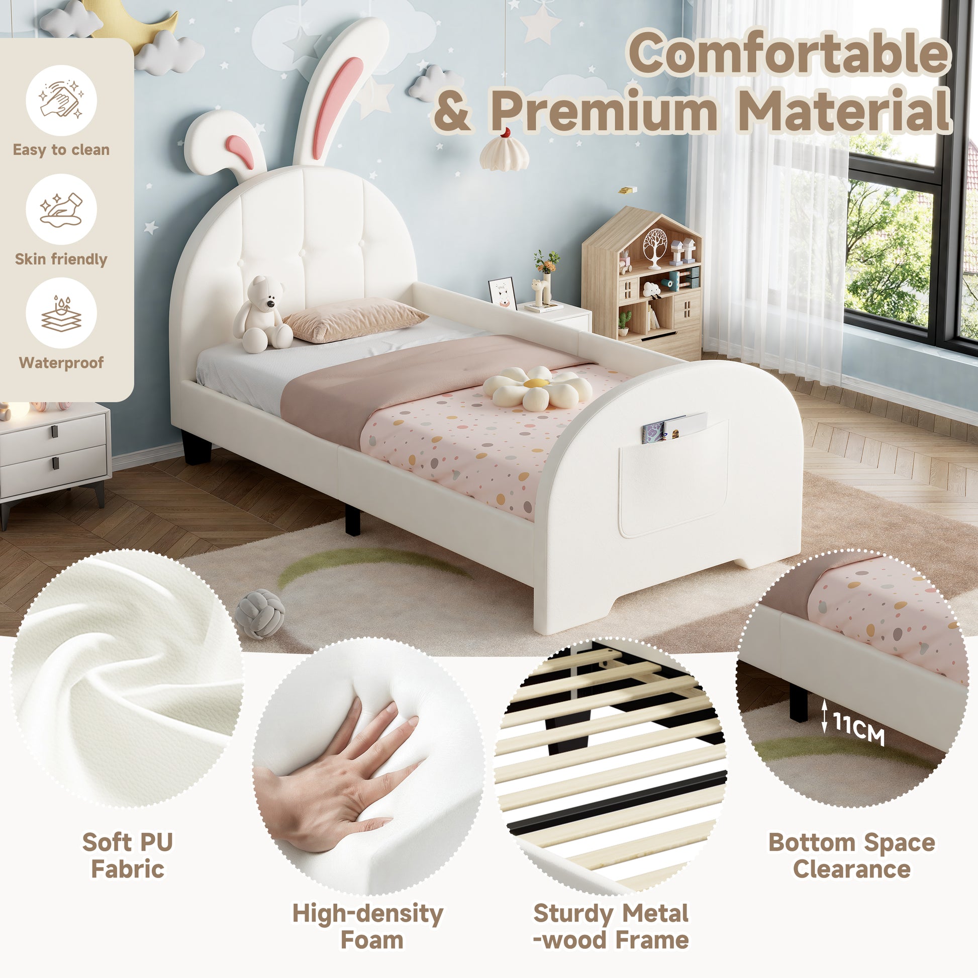 Cream white HOMCOM 3ft single rabbit-shaped upholstered bed frame with bunny ear headboard, storage pocket, soft PU leather, sturdy metal-wood frame