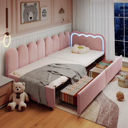 HOMCOM 3ft pink velvet single daybed with scalloped backrest, RGB LED lights, 2 storage drawers, wooden slats, reversible side panel