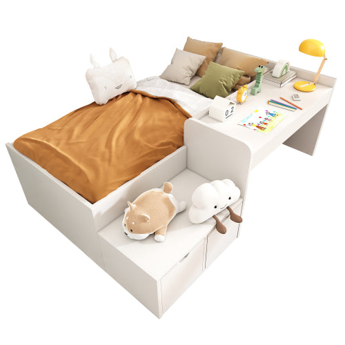 White HOMCOM kids single bed with desk, drawers, slatted frame, 90x190cm, wooden bed with storage for teenagers and adults