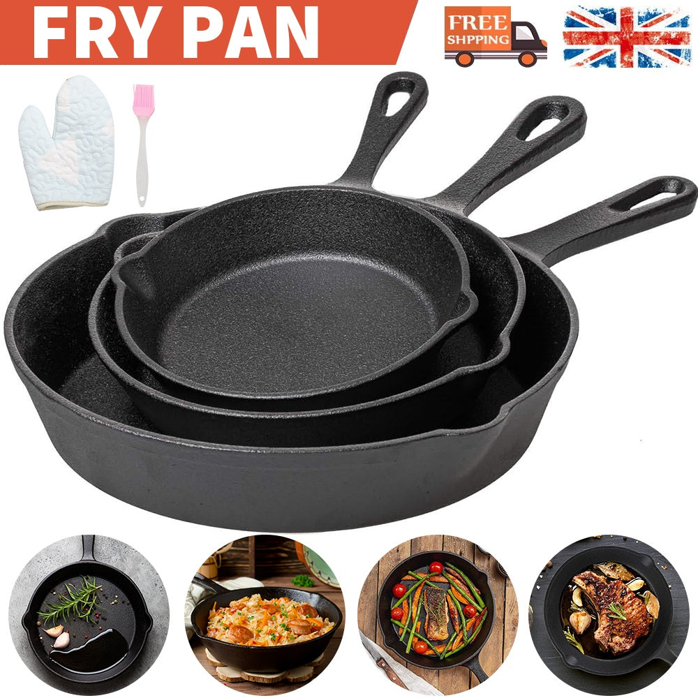 HOMCOM 3-piece cast iron non-stick skillet set with seasoned frying pans, ideal for cooking and griddling in the kitchen
