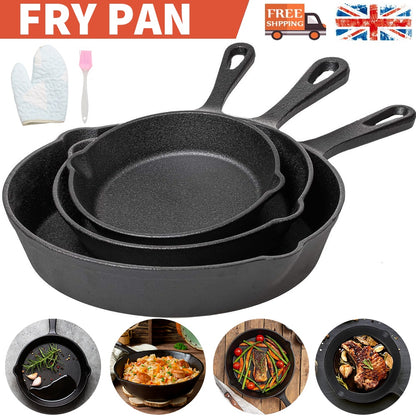 HOMCOM 3-piece cast iron non-stick skillet set with seasoned frying pans, ideal for cooking and griddling in the kitchen