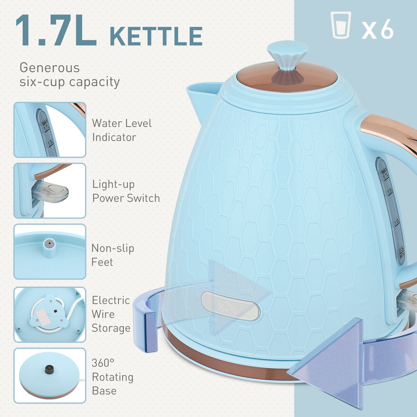 Light blue HOMCOM kettle and 4-slice toaster set with 7 browning levels, 1.7L capacity, and 3000W fast boil features.