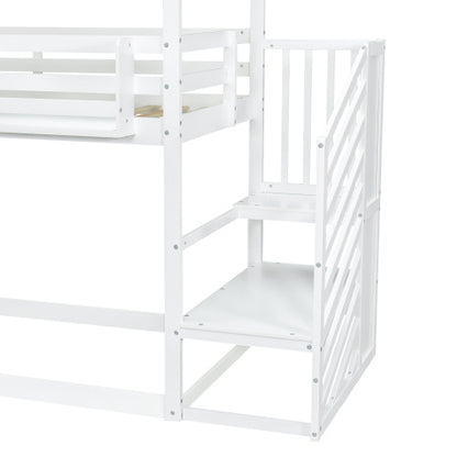 Kids Bunk Bed with Corner Staircase and Canopy – White & Green