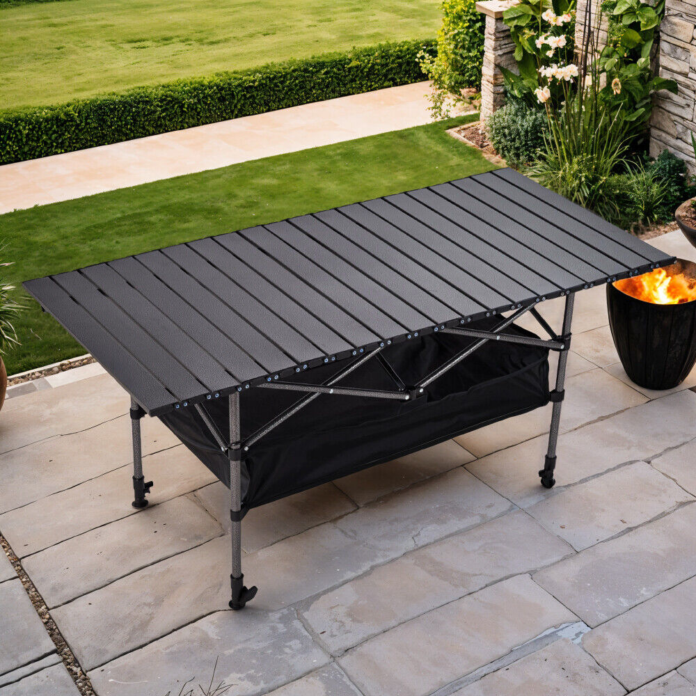 Foldable Height-Adjustable Camping Table – Roll-Up Picnic Table with Storage Basket & Carry Bag