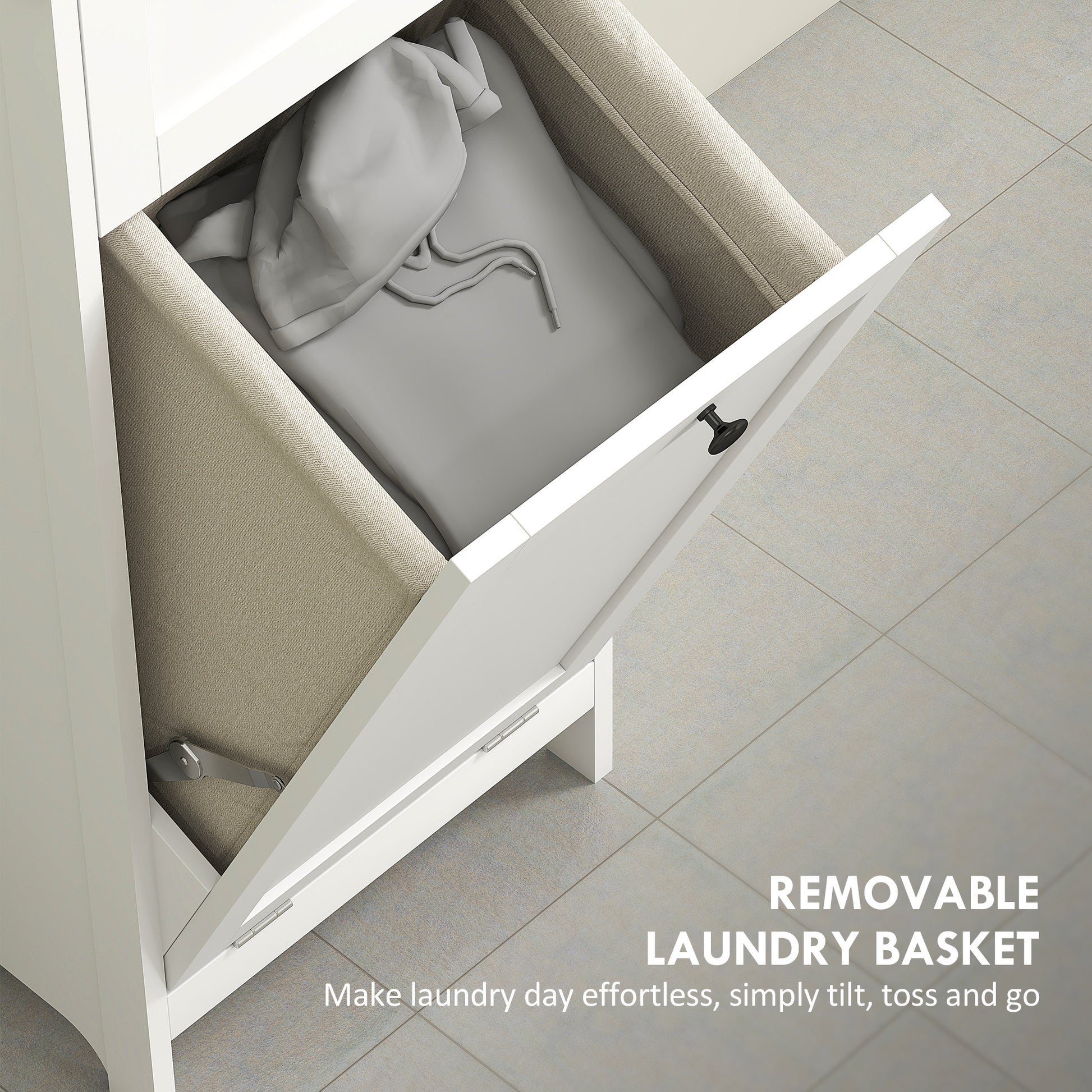 White tall bathroom cabinet with built-in laundry basket and storage shelves, ideal for organizing bathroom essentials.