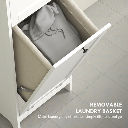White tall bathroom cabinet with built-in laundry basket and storage shelves, ideal for organizing bathroom essentials.