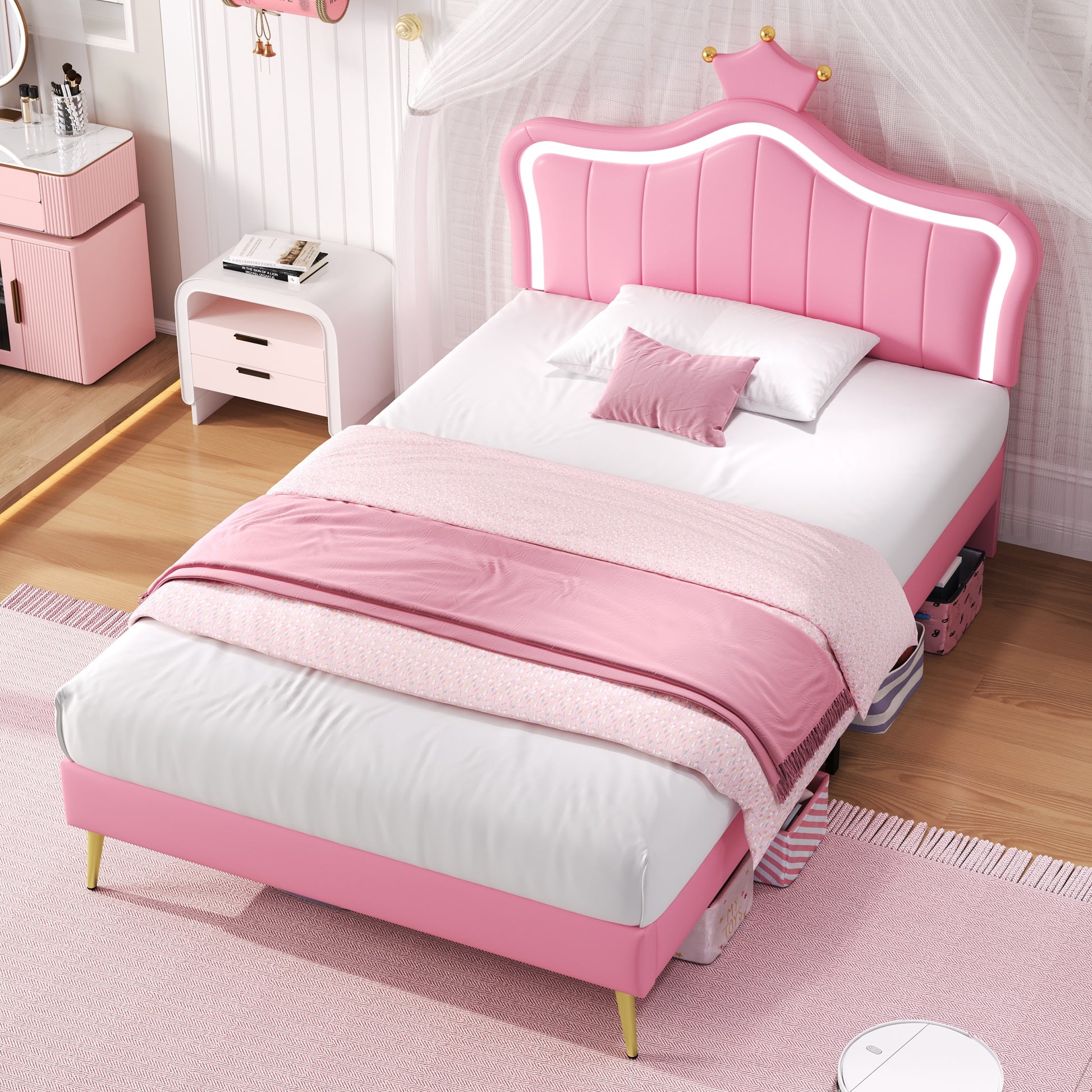 HOMCOM 3ft single upholstered bed with LED crown-shaped headboard, PU leather frame, solid wood slats, easy to assemble.