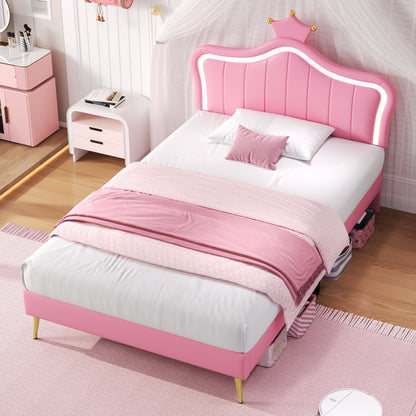 HOMCOM 3ft single upholstered bed with LED crown-shaped headboard, PU leather frame, solid wood slats, easy to assemble.