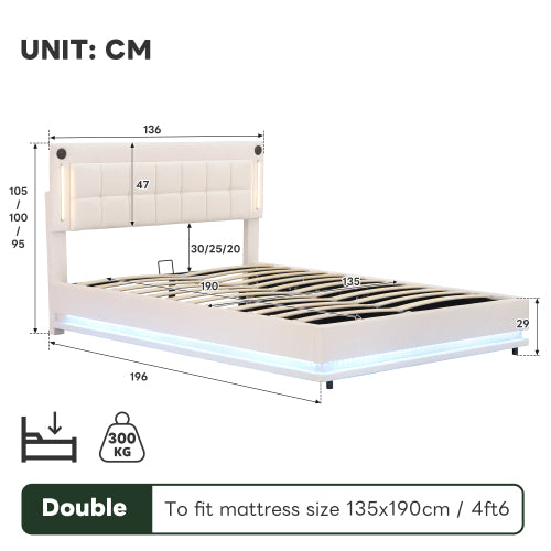 Beige HOMCOM 4ft6 double LED hydraulic bed with adjustable tufted headboard, charging station, USB, Type-C ports, soft velvet frame.