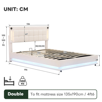 Beige HOMCOM 4ft6 double LED hydraulic bed with adjustable tufted headboard, charging station, USB, Type-C ports, soft velvet frame.