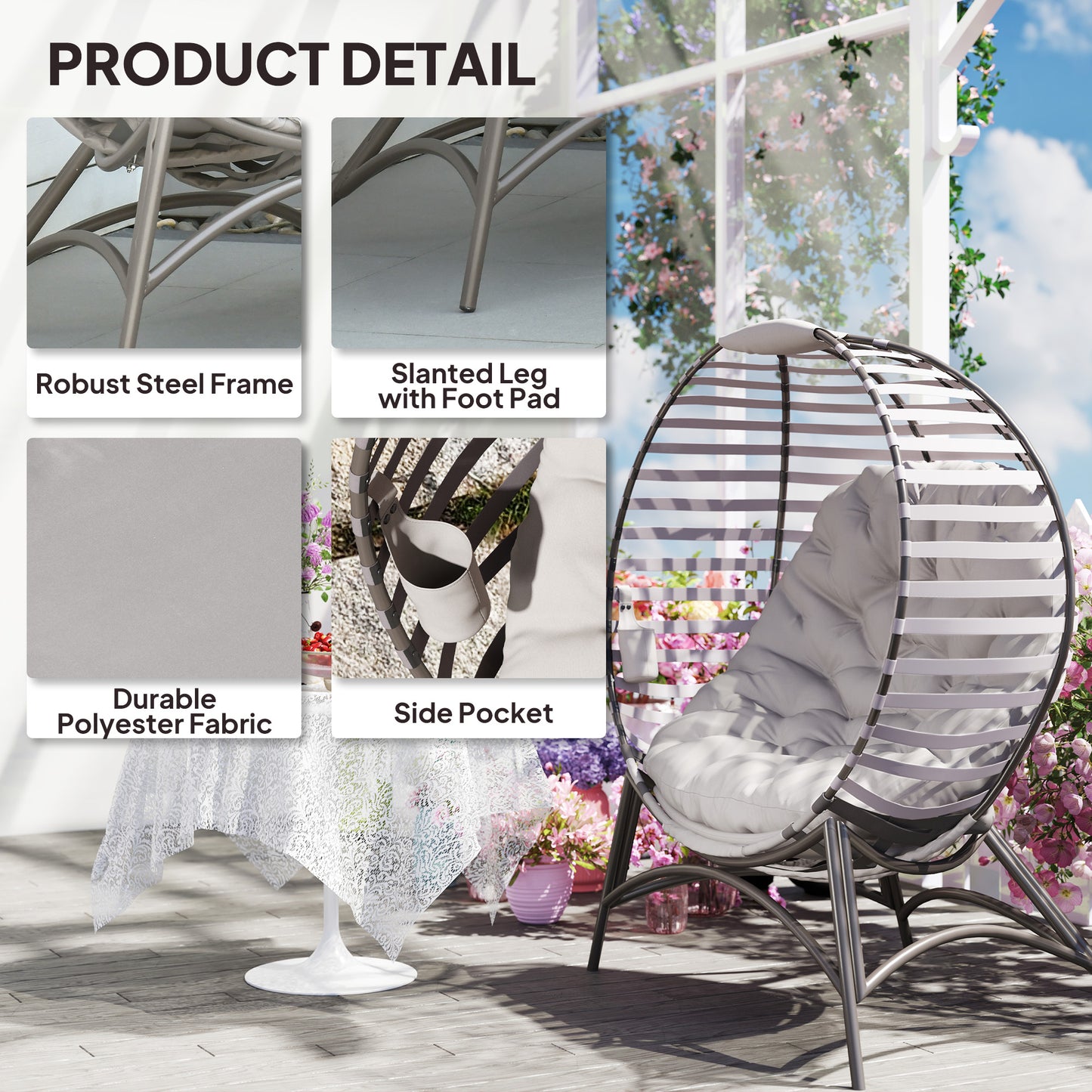Light grey HOMCOM egg chair with cushion and side pocket, cozy and modern lounge chair for relaxing spaces.