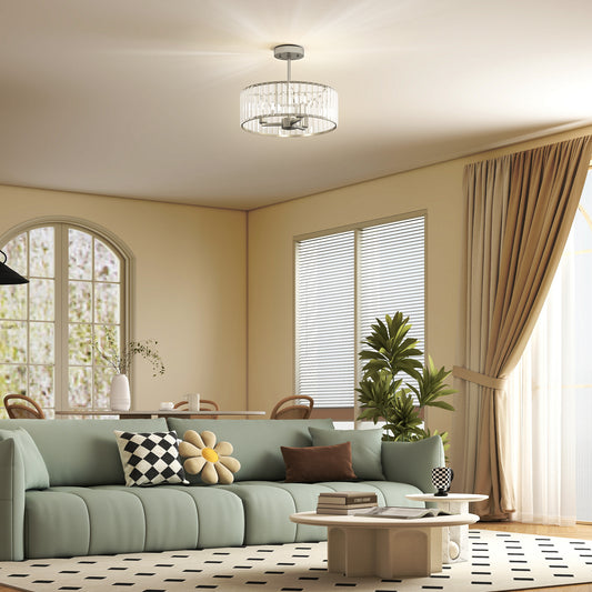 Modern crystal ceiling light fixture with silver tone, semi-flush mount design, featuring three E14 bulb sockets for living room or bedroom.