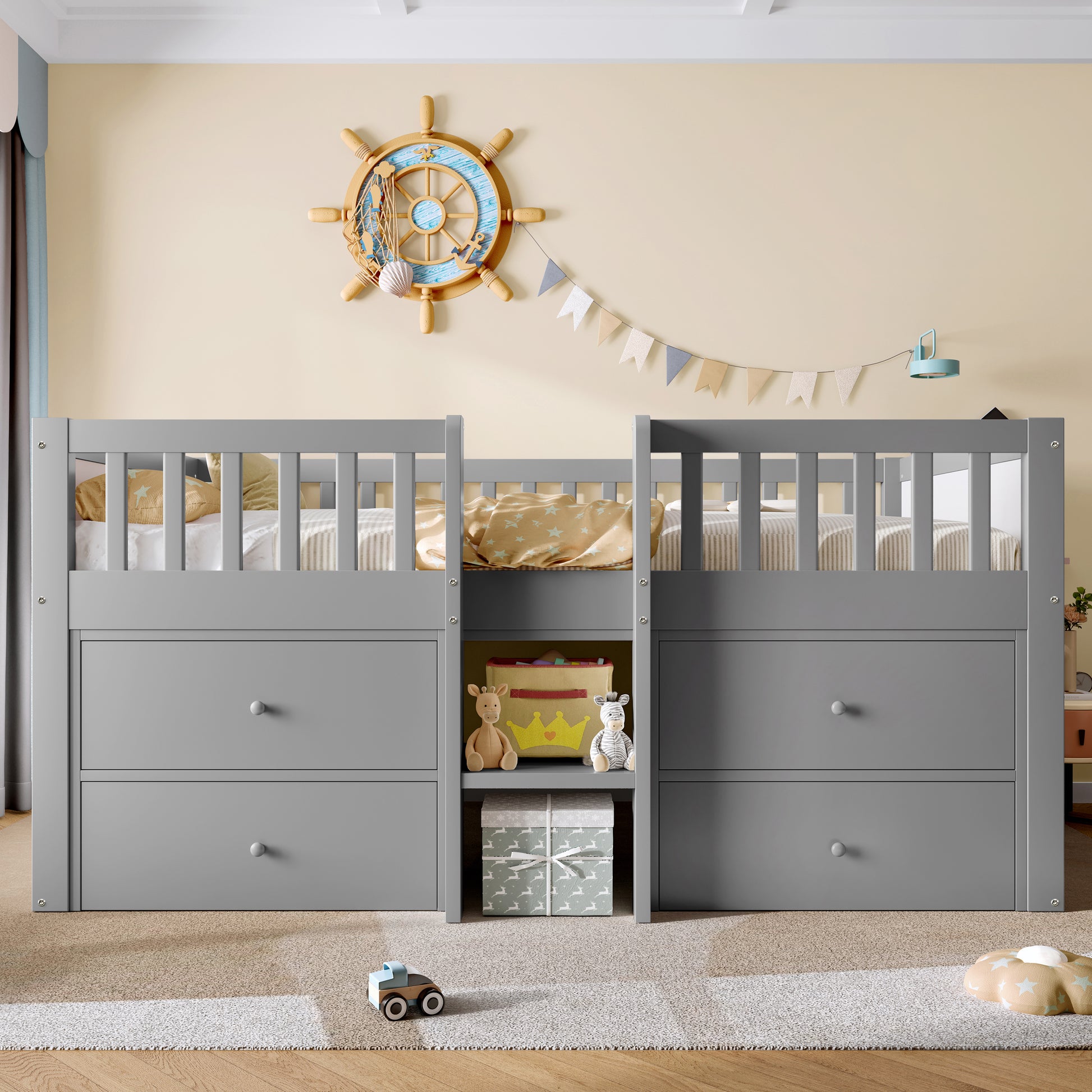HOMCOM grey low loft bed with built-in storage drawers, guardrail, solid wood frame, space-saving design for children’s bedroom