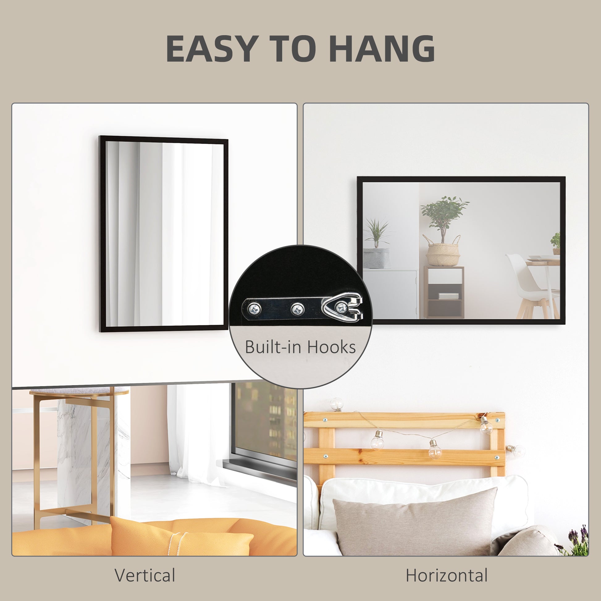 Black wall-mounted bathroom mirror, 70x50 cm, suitable for living room, bedroom, or hallway, by HOMCOM.