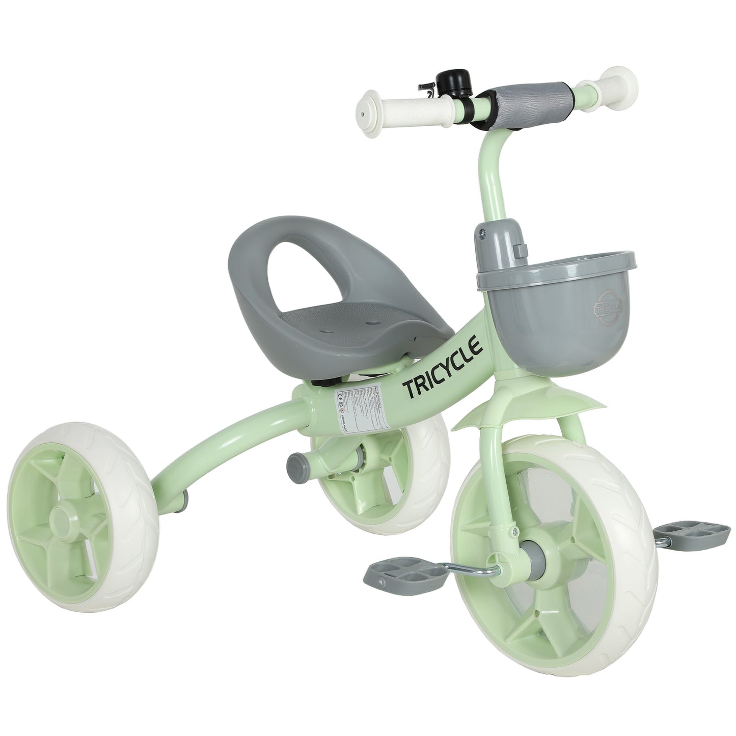 Green HOMCOM kids trike with front basket, EVA wheels, suitable for ages 2-5, designed for indoor and outdoor play for boys and girls.