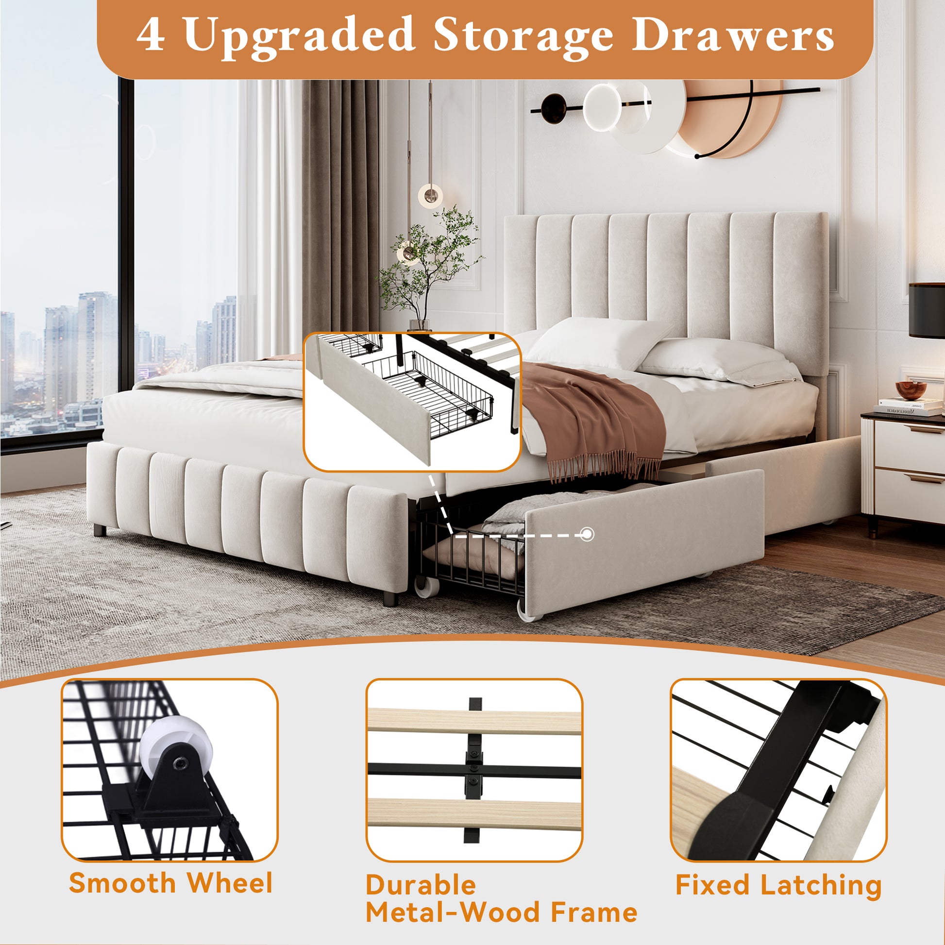HOMCOM beige double upholstered bed with adjustable tufted headboard, four storage drawers, metal-wood support, no box spring needed