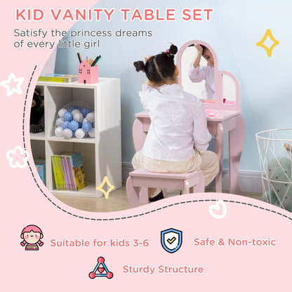 Pink kids dressing table set with mirror and drawer, featuring HOMCOM brand, designed for children’s bedroom decor.
