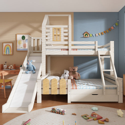 Kids Wooden Cabin Bunk Bed with Ladder & Slide – White Treehouse Design