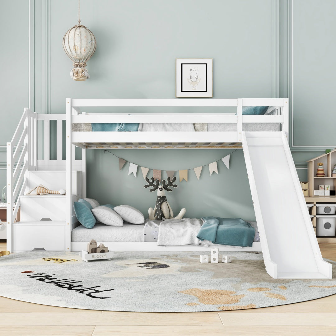 White bunk bed with stairs and slide, solid pine wood frame, children’s bed with built-in storage stairs, 90x190cm.