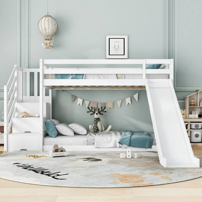 White bunk bed with stairs and slide, solid pine wood frame, children’s bed with built-in storage stairs, 90x190cm.